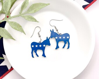 Political Democrat Vote Blue Mule Donkey Dangle Earrings Laser Cut and Engraved Acrylic