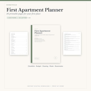May include: A digital First Apartment Planner with 36 printable pages in US Letter and A4 sizes. The set includes six sections covering checklists, budget, cleaning, meals, and roommates, presented with a clean layout and dark text on light paper.