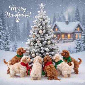 May include: A snowy Christmas scene with a decorated tree and seven puppies wearing scarves. The text "Merry Woofmas!" is displayed above the puppies. A cozy cabin is in the background. The image evokes a festive holiday atmosphere.