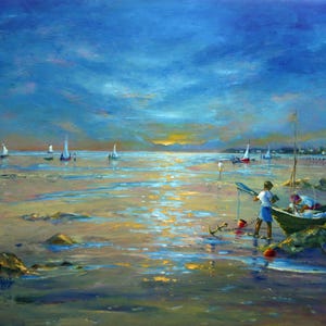 May include: An oil painting depicts a coastal scene at dusk. The sky transitions from blue to yellow, reflecting on the water. Sailboats dot the horizon, and figures tend to a small boat near the shore. The artwork uses a palette of blues, yellows, and greens.
