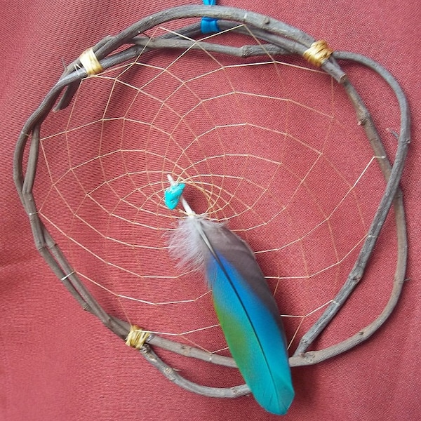 Native Style DREAM CATCHER GRAPEVINE Natural With Turquoise and Macaw Feather