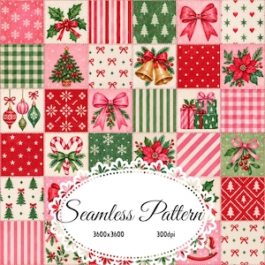 Puede incluir: Un diseño de patchwork digital con varios cuadrados de temática navideña en colores rojo, verde y crema. Los patrones incluyen copos de nieve, acebo, rayas, árboles de Navidad, lazos, campanas, adornos, regalos y flores de pascua.