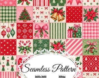 May include: A digital patchwork design featuring various Christmas-themed squares with red, green, and cream colors. Patterns include snowflakes, holly, stripes, Christmas trees, bows, bells, ornaments, gifts, candy canes, and poinsettias.