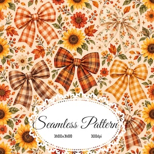 Papel digital con estampado sin costuras de lazo coqueto otoñal, cintas a cuadros, girasoles, flores otoñales y hojas.