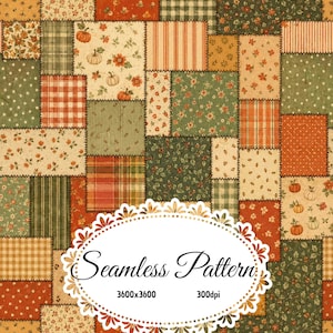 Motif patchwork d'automne vintage sans couture, courtepointe florale citrouille d'automne, papier numérique en tissu vichy à carreaux rustiques, style ferme JPG 3600x3600