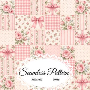Può includere: Un motivo digitale senza cuciture con una griglia di quadrati rosa e crema con bouquet di rose, quadretti vichy, strisce verticali, pois e fiocchi. Una cornice ovale smerlata bianca contiene il testo Seamless Pattern 3600x3600 300dpi.