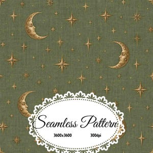 Pode incluir: Um padrão contínuo com luas crescentes douradas com rostos humanos e várias estrelas douradas num fundo verde-azeitona texturizado. Uma moldura oval branca com borda recortada contém o texto Seamless Pattern 3600x3600 300dpi.
