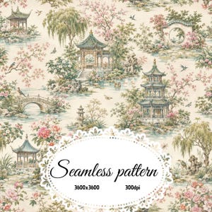 Motivo senza soluzione di continuità Giardino Orientale, Carta Digitale Chinoiserie Floreale Pagoda, Pacchetto JPG di Stampa Tessuto Giardino Asiatico Gru Fiore