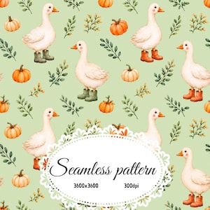 Autumn Goose Seamless Pattern, Cute Duck Pumpkin Watercolor Digital Paper, Sage Green Fall Farmhouse Fabric Print JPG Bundle