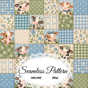May include: A digital seamless pattern featuring a grid of squares with illustrations of cartoon cows, blue and green gingham, polka dots, hearts, and floral motifs. The centre displays the text Seamless Pattern 3600x3600 300dpi.