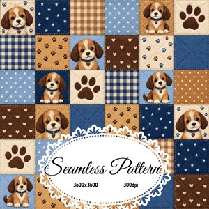 May include: A seamless quilt-style pattern featuring repeating squares of brown and blue fabric. The design includes illustrations of brown and white puppies wearing blue collars, brown paw prints, white stars, white hearts, and blue gingham checks.