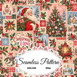 Pode incluir: Um padrão digital sem costuras apresentando uma colagem de imagens de Natal, incluindo o Pai Natal, uma árvore decorada, uma lanterna, patins de gelo e um cardeal. O texto "CHRISTMAS JOY & LOVE" é visível, juntamente com "Seamless Pattern 3600x3600 300dpi".