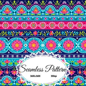 Pode incluir: Um padrão digital sem costura com faixas horizontais de motivos florais e geométricos vibrantes em tons de rosa choque, turquesa, verde-limão e amarelo sobre um fundo azul escuro. O texto Seamless Pattern 3600x3600 300dpi está centrado.