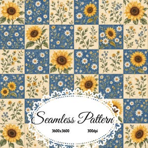 May include: A seamless pattern featuring a grid of alternating squares with sunflowers and daisies on blue and cream backgrounds. The design includes the text Seamless Pattern, 3600x3600, and 300dpi centred within a white decorative oval frame.