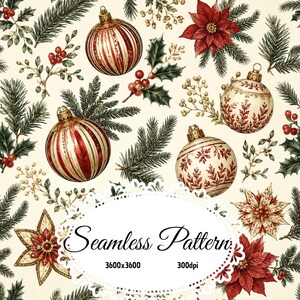 Pode incluir: Um padrão contínuo com enfeites de Natal, poinsétias vermelhas, bagas de azevinho e ramos de pinheiro num fundo creme. Uma moldura oval recortada branca no centro contém o texto Seamless Pattern 3600x3600 300dpi.