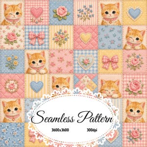 May include: A seamless pattern featuring a grid of squares with illustrations of orange tabby kittens, pink roses, blue flowers, gingham bows, and hearts in pastel shades of pink, blue, and yellow. The text Seamless Pattern 3600x3600 300dpi is centered.
