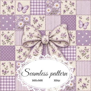 Purple Floral Bow Patchwork Seamless Pattern, Lavender Butterfly Daisy Gingham Fabric, Vintage Coquette Digital Paper JPG