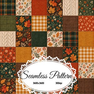 Cozy Autumn Patchwork Seamless Pattern, Fall Leaves Floral Plaid Knit & Gingham Digital Paper