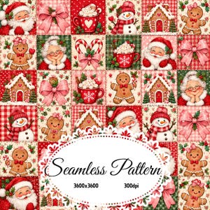 May include: A seamless digital pattern featuring a grid of Christmas-themed illustrations including Santa Claus, gingerbread people, snowmen, gingerbread houses, red mugs with whipped cream, and pink bows, with text reading Seamless Pattern 3600x3600 300dpi.