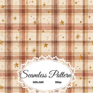 Pode incluir: Um padrão sem costuras com um design de xadrez em aguarela em tons de castanho, bege e creme, sobreposto com estrelas de glitter dourado e pequenos pontos. Uma moldura oval recortada branca contém o texto Seamless Pattern 3600x3600 300dpi.