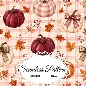 Watercolor Fall Pumpkin Seamless Pattern, Burgundy Plaid Pumpkins Bows Autumn Leaves, Cottagecore Thanksgiving Digital Paper JPG