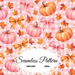 May include: A seamless pattern featuring watercolor illustrations of orange and pink pumpkins, orange and pink bows, and autumn maple leaves on a light pink gingham background. The image includes the text Seamless Pattern 3600x3600 300dpi.