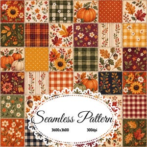 Motif patchwork automnal sans couture, citrouilles, tournesols, feuilles d'érable, glands, papier numérique JPG à carreaux floraux rustiques