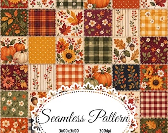 May include: A digital patchwork design featuring autumn motifs including pumpkins, sunflowers, acorns, and fall leaves in a grid layout. The pattern includes plaid, gingham, and polka dot squares with the text Seamless Pattern 3600x3600 300dpi.