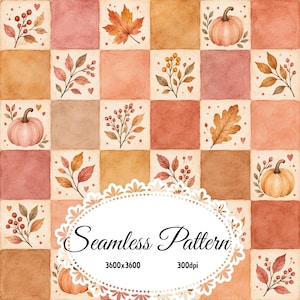 Watercolor Autumn Patchwork Seamless Pattern, Fall Pumpkin Leaves Berries Rustic Cottagecore Digital Paper JPG