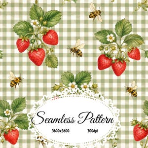 Könnte beinhalten: Ein nahtloses Muster mit roten Erdbeeren, grünen Blättern, weißen Blüten und Honigbienen auf einem salbeigrünen und weißen Vichy-Karo-Hintergrund. Ein weißer, gewellter ovaler Rahmen in der Mitte enthält den Text Seamless Pattern 3600x3600 300dpi.