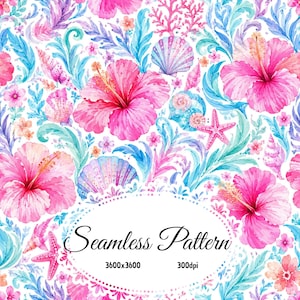 May include: A seamless pattern featuring vibrant pink hibiscus flowers, various seashells, pink starfish, and light blue leafy foliage on a white background. The text Seamless Pattern 3600x3600 300dpi is centered within a white scalloped oval frame.