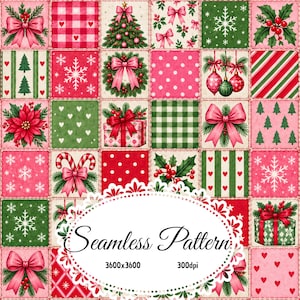 May include: A digital seamless pattern featuring a grid of festive Christmas squares. Designs include pink bows, red and white gingham, Christmas trees, snowflakes, holly, ornaments, candy canes, poinsettias, and wrapped gifts with text.