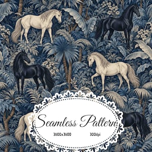 May include: A seamless pattern featuring white and black horses set against a dense tropical jungle background of palm leaves and foliage. The image includes a white decorative oval frame with the text Seamless Pattern 3600x3600 300dpi.