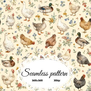 Pode incluir: Um padrão contínuo com ilustrações de várias galinhas, patos e gansos intercalados com pequenas flores coloridas num fundo creme. O texto Seamless pattern 3600x3600 300dpi está centrado dentro de uma moldura oval branca recortada.
