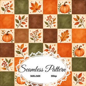 Könnte beinhalten: Ein nahtloses Muster mit einem Raster aus Quadraten, das Aquarellillustrationen von orangefarbenen Kürbissen, Herbstblättern und roten Beeren auf cremefarbenen, dunkelgrünen und braunen Hintergründen zeigt. Der Text Seamless Pattern 3600x3600 300dpi ist zentriert.