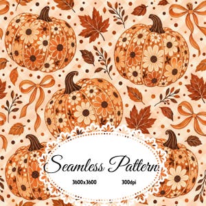 May include: A seamless pattern featuring orange pumpkins decorated with white and orange daisy flowers, brown autumn leaves, and orange ribbons on a light orange checkered background. The text reads Seamless Pattern 3600x3600 300dpi.