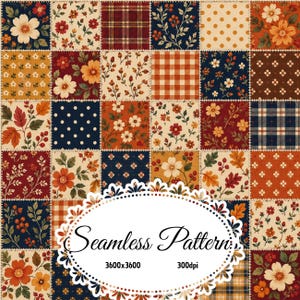 Motif patchwork floral automnal vintage sans couture, fleurs d'automne, carreaux et pois, tissu de courtepointe rustique, papier numérique JPG