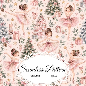 Puede incluir: Un patrón continuo con ilustraciones de bailarinas en tutús rosas, árboles de Navidad, cascanueces, regalos y copos de nieve sobre un fondo rosa claro. La imagen incluye el texto Seamless Pattern 3600x3600 300dpi.