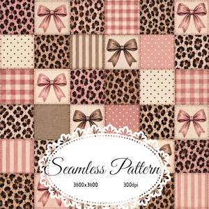 May include: A digital patchwork design featuring a repeating grid of squares with leopard print, pink gingham, pink stripes, polka dots, and pink bows. A white scalloped oval frame overlays the center with the text Seamless Pattern 3600x3600 300dpi.