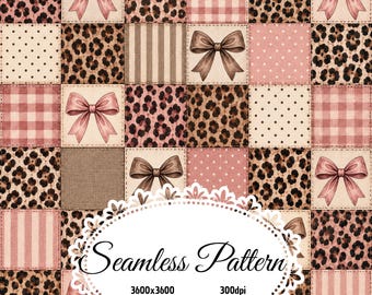 May include: A digital patchwork design featuring a repeating grid of squares with leopard print, pink gingham, pink stripes, polka dots, and pink bows. A white scalloped oval frame overlays the center with the text Seamless Pattern 3600x3600 300dpi.