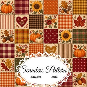 Motif patchwork automnal sans couture, citrouilles, tournesols, glands, feuilles d'érable, papier numérique JPG pour courtepointe à carreaux rustiques