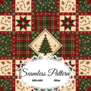 Vintage Christmas Quilt Patchwork Seamless Pattern, Christmas Tree Candy Cane Star Blocks, Red Green Holiday Digital Paper JPG