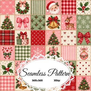 Peut inclure: Un motif patchwork numérique composé d'une grille répétitive de carrés sur le thème de Noël. Les motifs incluent le Père Noël, des rennes, des sapins décorés, des cloches, des nœuds, des sucres d'orge, du houx et des flocons de neige.
