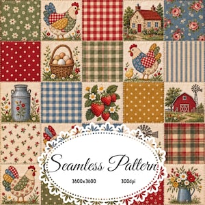 Puede incluir: Un diseño de tela de patchwork con una cuadrícula de cuadrados que ilustran gallinas, una granja, un granero rojo, una cesta de huevos, fresas y motivos florales. Los cuadrados incluyen cuadros rojos y blancos, lunares y rayas.