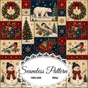 May include: A seamless pattern featuring a grid of Christmas-themed illustrations including polar bears, chickadees, bullfinches, snowmen, decorated pine trees, gift boxes, wreaths, and a red sleigh, all set against a dark blue and cream background.
