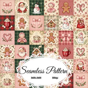 Puede incluir: Un diseño de tela digital con una cuadrícula de cuadrados con temática navideña que incluye ilustraciones de Santa Claus, muñecos de nieve, hombres de jengibre, bastones de caramelo, tazas de cacao y lazos rosas. Texto Seamless Pattern 3600x3600 300dpi.