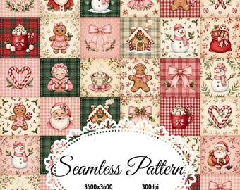 May include: A digital fabric design featuring a grid of Christmas-themed squares with illustrations of Santa Claus, snowmen, gingerbread people, candy canes, hot cocoa mugs, and pink bows. The text Seamless Pattern 3600x3600 300dpi is centered.