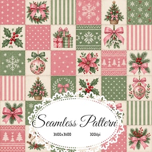 Pode incluir: Um padrão digital sem costuras com uma grelha de quadrados festivos com motivos natalícios em rosa e verde, incluindo árvores de Natal, poinsétias, ornamentos, laços, azevinho e flocos de neve. O texto Seamless Pattern 3600x3600 300dpi está centrado.