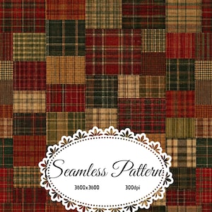 May include: A digital seamless pattern featuring a patchwork of various plaid and tartan fabric textures in shades of deep red, forest green, and tan. A white oval frame with a decorative scalloped edge contains the text Seamless Pattern 3600x3600 300dpi.