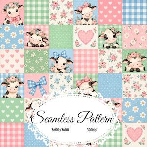 Pode incluir: Um padrão digital sem costuras com uma grelha de quadrados com ilustrações de vacas de desenhos animados, corações cor-de-rosa, xadrez azul, estampados florais e bolinhas. O centro inclui uma moldura branca com o texto Seamless Pattern 3600x3600 300dpi.